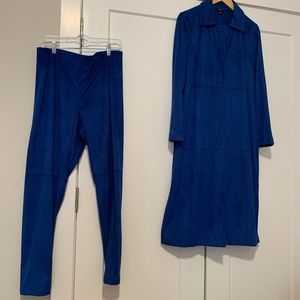 Vibrant, royal blue suede coat and matching straight leg pants.